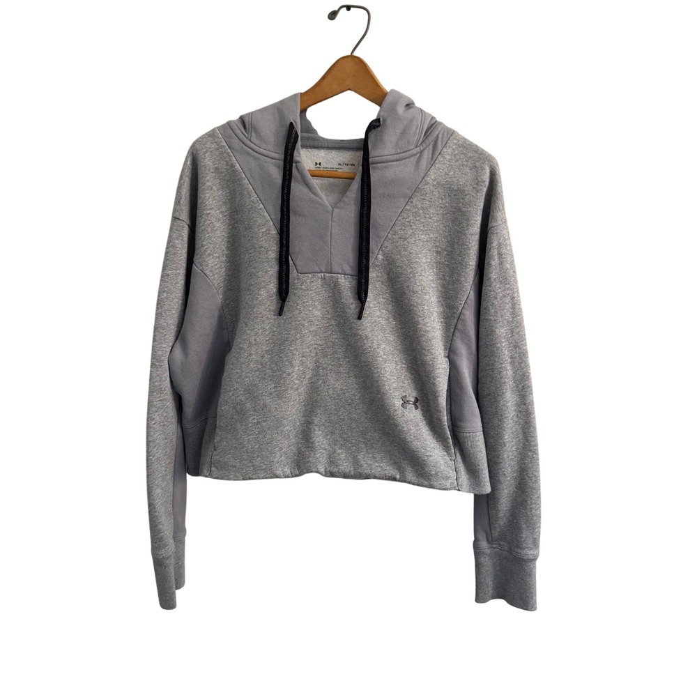 Under Armour Womens XL Gray Cropped Hoodie V-Neck Oversized Fit Sweatshirt Logo